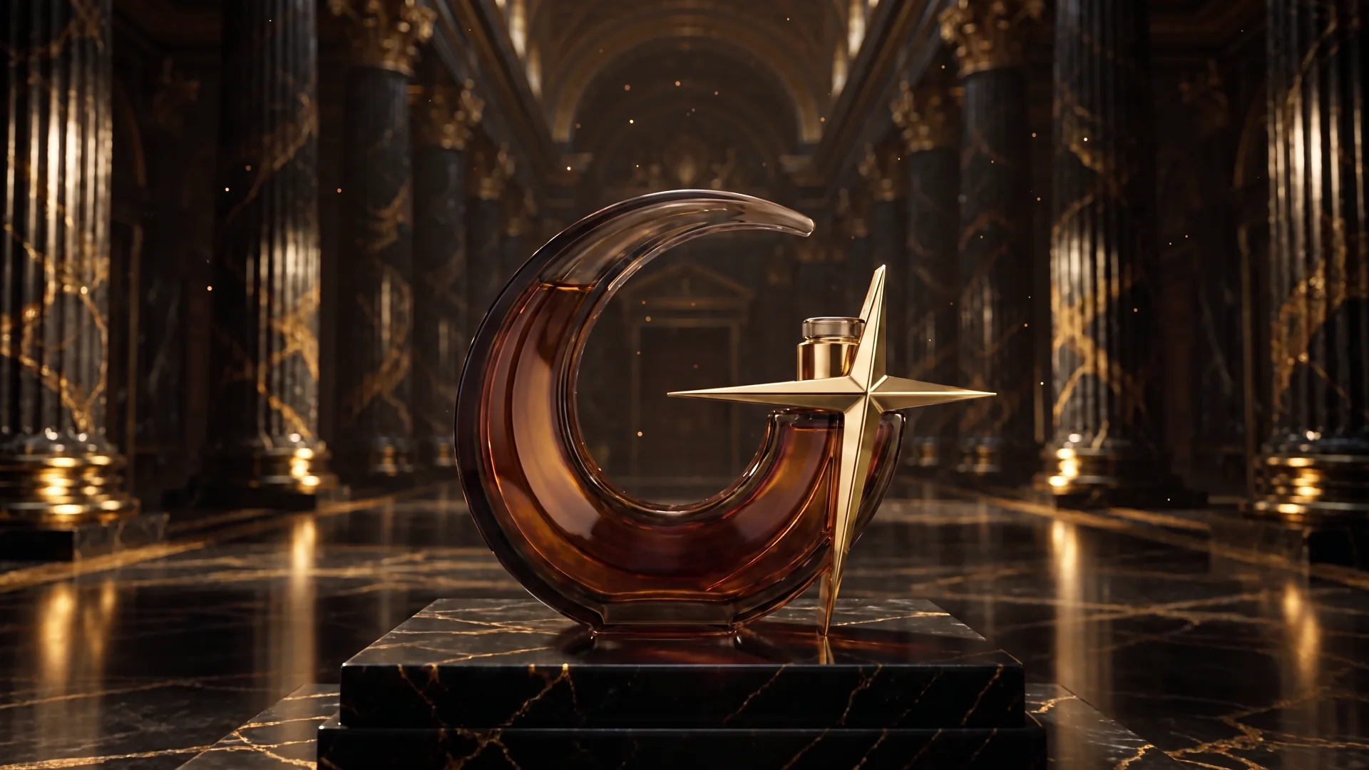 An advertising film played by scrolling: the GLOWUP fragrance moves from a white-background product photo to a golden-hour campaign scene, in one continuous shot.