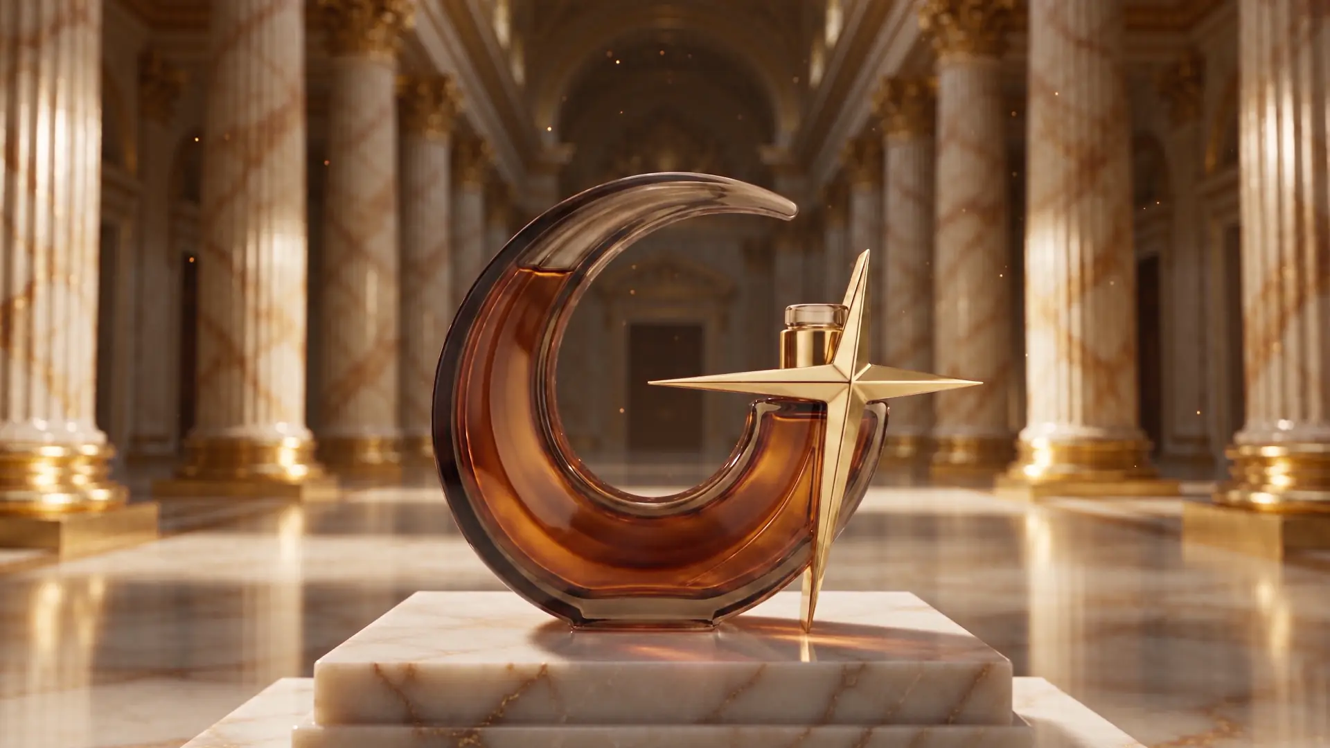 An advertising film played by scrolling: the GLOWUP fragrance moves from a white-background product photo to a golden-hour campaign scene, in one continuous shot.